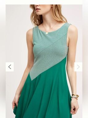 Maeve Anthropologie Green Striped Asymmetrical Swing Dress Size Large